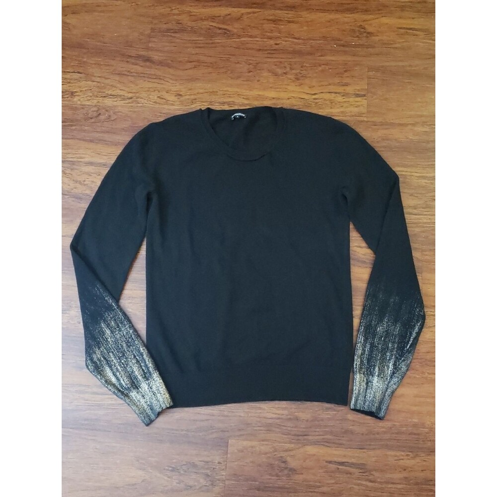 Ann Demeulemeester Black Mens Wool Crewneck Sweater with Gold Accent Sleeves S